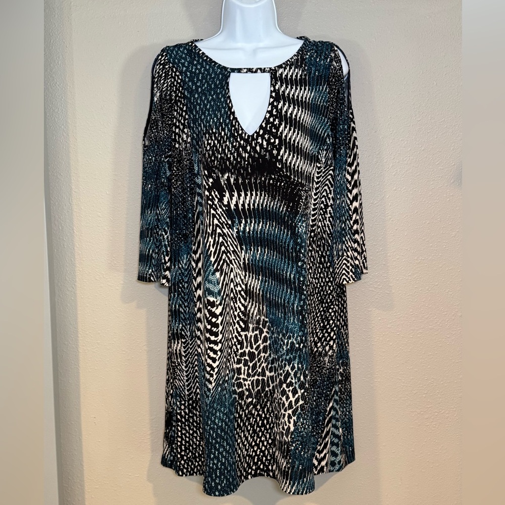 Anna Scholz Black, Blue and White LS Figure Flattering  Dress Size 10 or L/XL